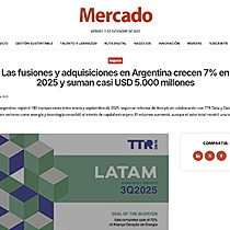 Las fusiones y adquisiciones en Argentina crecen 7% en 2025 y suman casi USD 5.000 millones